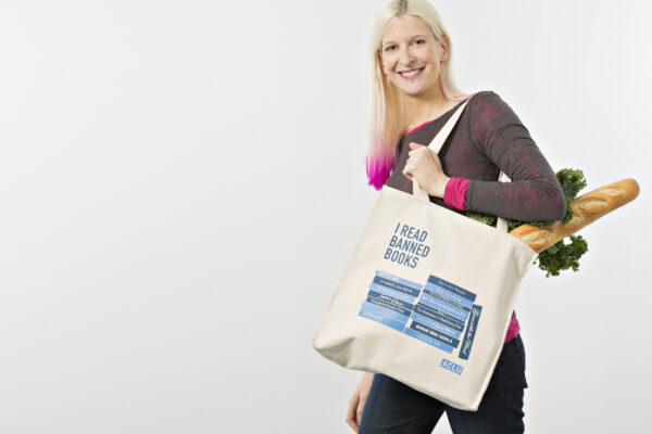 ACLU Model holding Banned Books Bag
