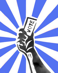 blue star burst with black hand holding a vote card