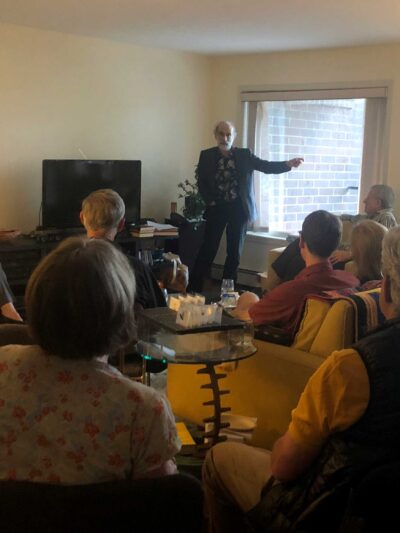 Privacy specialist Bruce Schneier delivers a talk to a small crowd, who listen intently