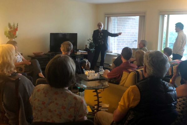 Privacy specialist Bruce Schneier delivers a talk to a small crowd, who listen intently