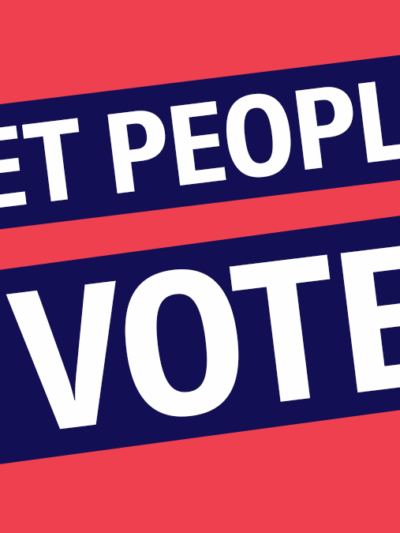 Dark pink background with diagonal navy blue banners reading: "Let People Vote"