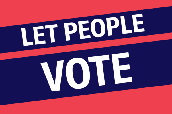 Dark pink background with diagonal navy blue banners reading: "Let People Vote"