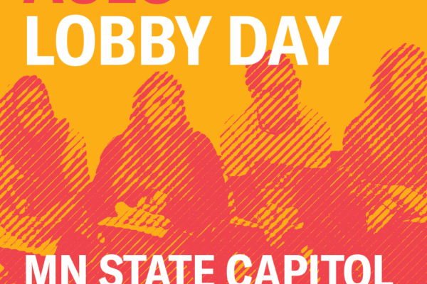 Orange background with image of four volunteers listening to a speech in the Capitol rotunda. Tex reads: ACLU Lobby Day, MN State Capitol, March 10, 2020 at 1pm