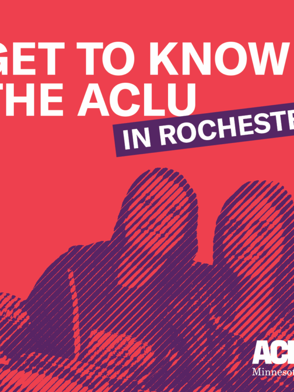 Red background with purple image of two supporters. Text reads: Get to know the ACLU in Rochester.