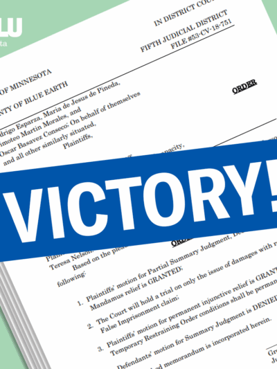 Copy of front page of the judge's order, on a liberty green background. A royal blue textbox with the word "Victory" is in the foreground.