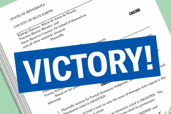 Copy of front page of the judge's order, on a liberty green background. A royal blue textbox with the word "Victory" is in the foreground.