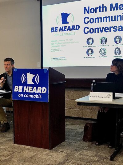 Panelists including Representative Ryan Winkler and ACLU policy analyst Charlotte Resing speak to open the Be Heard on Cannabis, North Metro event.