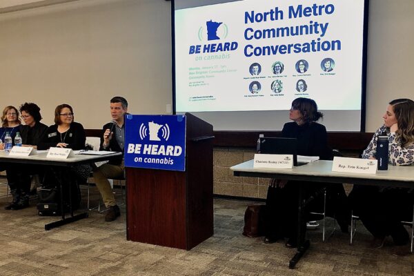Panelists including Representative Ryan Winkler and ACLU policy analyst Charlotte Resing speak to open the Be Heard on Cannabis, North Metro event.