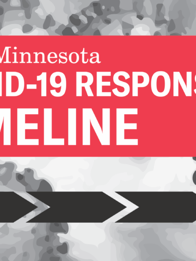 Black and white image of coronavirus in the background. Red text box with white lettering reads: COVID-19 Response Timeline. Dark gray timeline icon displayed below.