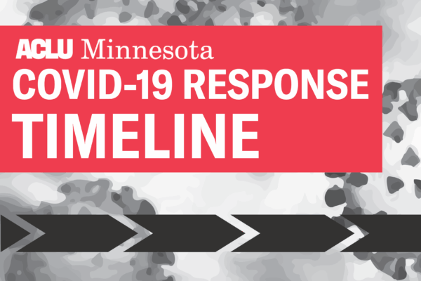 Black and white image of coronavirus in the background. Red text box with white lettering reads: COVID-19 Response Timeline. Dark gray timeline icon displayed below.