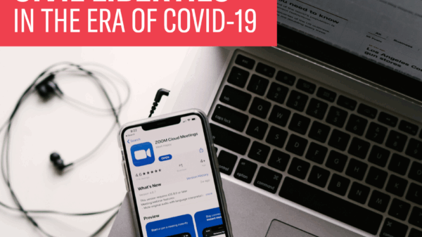 Background image of open laptop and iphone laying next to it with headphones connected. Red text box reads: Virtual town hall: Civil liberties in the era of COVID-19