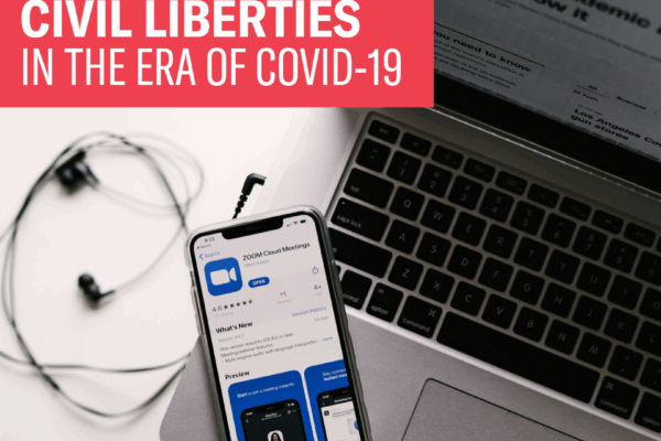 Background image of open laptop and iphone laying next to it with headphones connected. Red text box reads: Virtual town hall: Civil liberties in the era of COVID-19