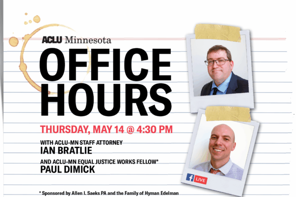 Notebook paper in background with polaroids of Ian Bratlie and Paul Dimick taped on. Text reads: Office Hours with Attorneys Ian Bratlie and Paul Dimick