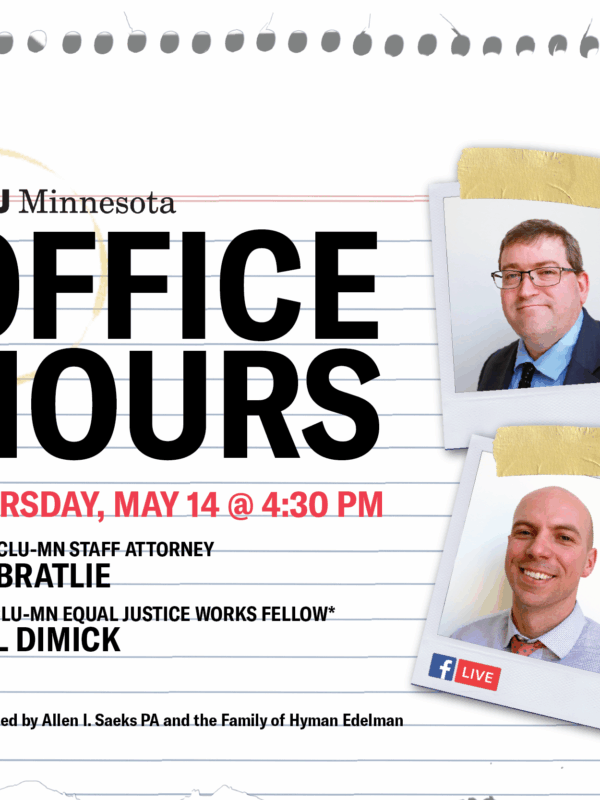 Notebook paper in background with polaroids of Ian Bratlie and Paul Dimick taped on. Text reads: Office Hours with Attorneys Ian Bratlie and Paul Dimick