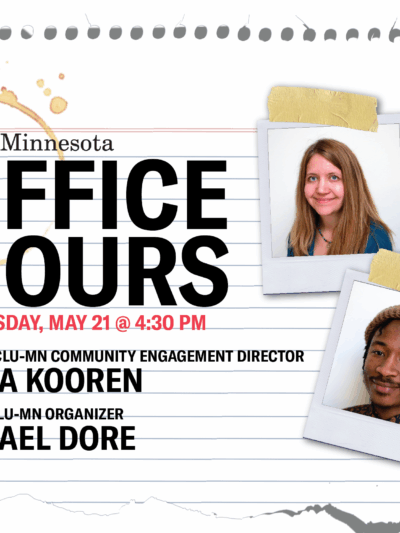 Notebook paper in background with polaroids of Jana Kooren and Ismael Dore taped on. Text reads: Office Hours with Community Engagement Director Jana Kooren and Organizer Ismael Dore