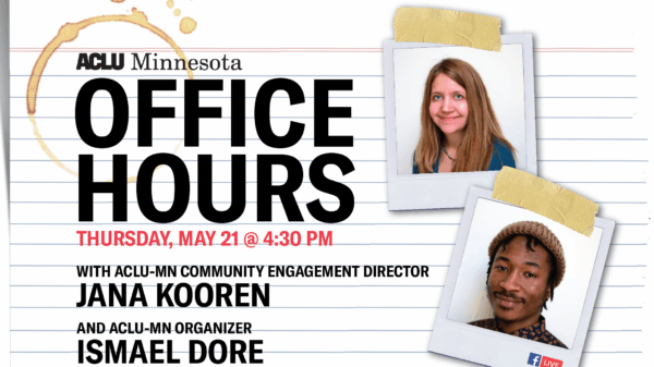 Notebook paper in background with polaroids of Jana Kooren and Ismael Dore taped on. Text reads: Office Hours with Community Engagement Director Jana Kooren and Organizer Ismael Dore