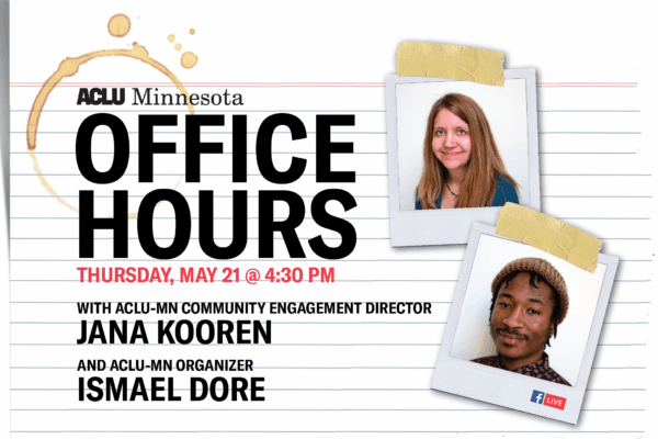 Notebook paper in background with polaroids of Jana Kooren and Ismael Dore taped on. Text reads: Office Hours with Community Engagement Director Jana Kooren and Organizer Ismael Dore
