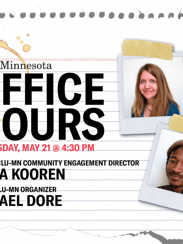 Notebook paper in background with polaroids of Jana Kooren and Ismael Dore taped on. Text reads: Office Hours with Community Engagement Director Jana Kooren and Organizer Ismael Dore