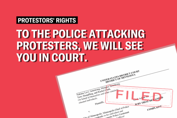Pages of lawsuit stamped with a "Filed" stamp are stacked against a red background. Text box reads: To the police attacking protesters, we will see you in court."