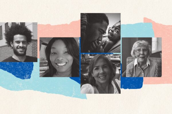 Five black and white photos of voters who want to vote by mail