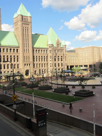 Minneapolis City Hall and the square in front of the building.
