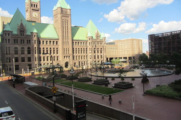 Minneapolis City Hall and the square in front of the building.