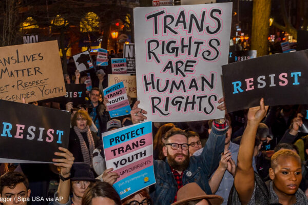 Protestors with signs advocating for the rights of trans youth.