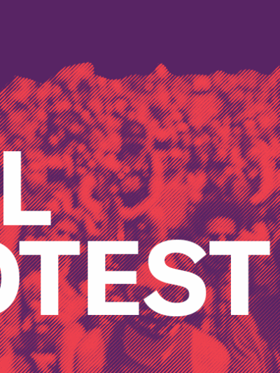 Large, marching crowd with a red image filter beneath purple field with text reading: "We will Protest"