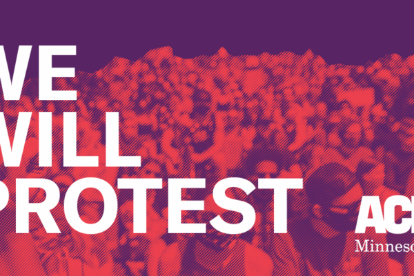 Large, marching crowd with a red image filter beneath purple field with text reading: "We will Protest"