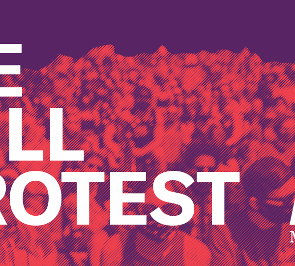 Large, marching crowd with a red image filter beneath purple field with text reading: "We will Protest"