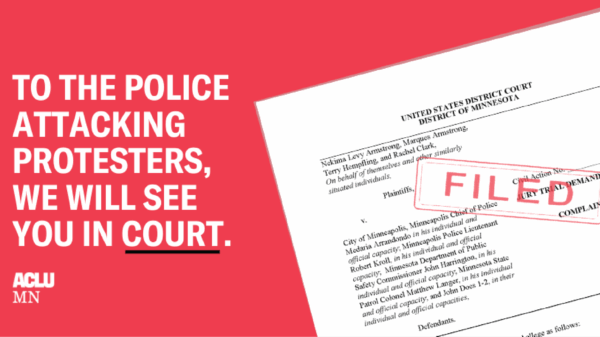 The top page of the filed lawsuit, with a red FILED stamp layed over. Text reads: To the police attacking protesters, we will see you in court.