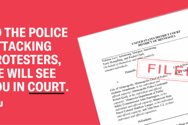 The top page of the filed lawsuit, with a red FILED stamp layed over. Text reads: To the police attacking protesters, we will see you in court.