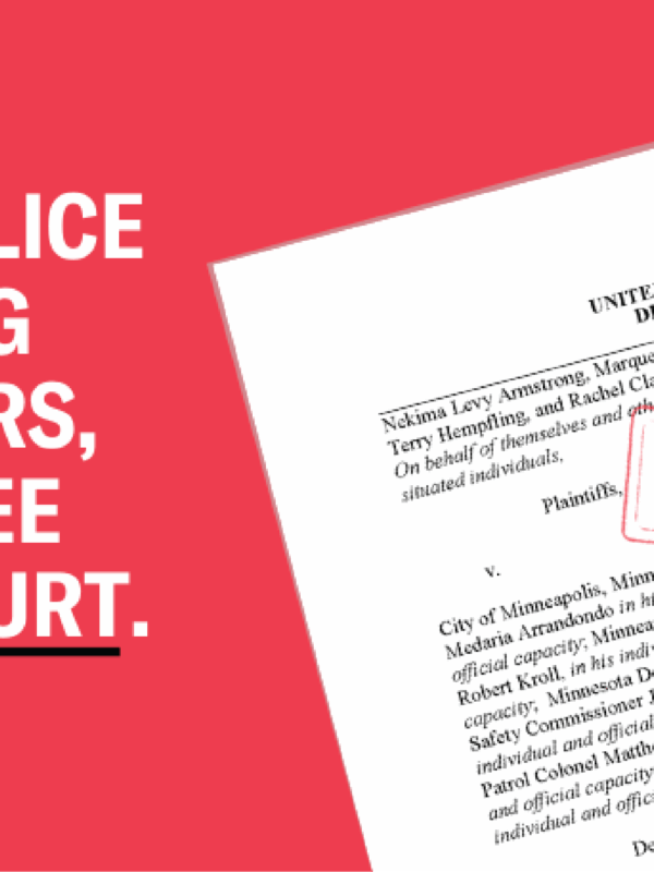 The top page of the filed lawsuit, with a red FILED stamp layed over. Text reads: To the police attacking protesters, we will see you in court.