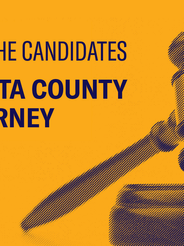 To the right, an image of a large gavel. To the left, text that reads: Meet the Candidates, Dakota County Attorney.