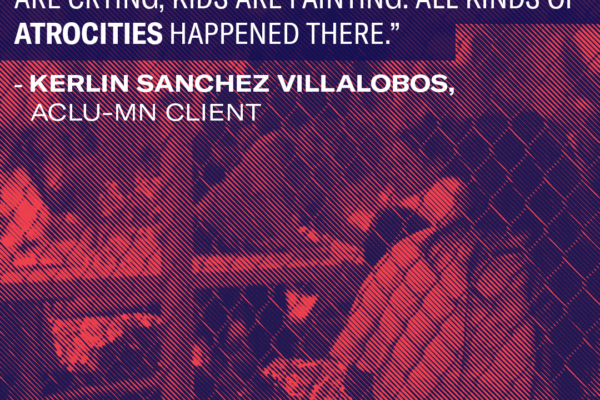 Graphic with quote from Kerlin stating "Just being locked away is awful. Children are crying, kids are fainting. All kinds of atrocities happened there" overlayed an image of a border camp detention center.