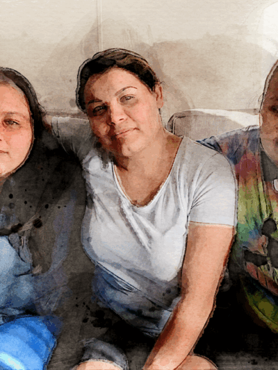 A digital watercolor portrait of the Villalobos sister and their mother