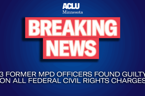 Blue background with red and white text reading "Breaking News: 3 former MPD officers found guilty on all federal civil rights charges"