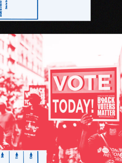 A colorful collage of images related to voting rights activism.