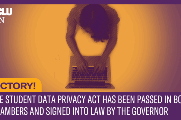 Image of girl on laptop with purple and orange text reading "Victory: Student Data Privacy Act passes in Minnesota legislature"