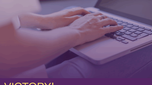 Image of girl on laptop with purple and orange text reading "Victory: Student Data Privacy Act passes in Minnesota legislature, signed by Governor"