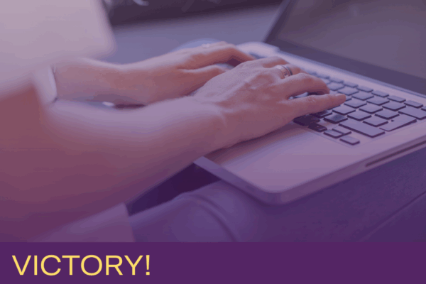 Image of girl on laptop with purple and orange text reading "Victory: Student Data Privacy Act passes in Minnesota legislature, signed by Governor"