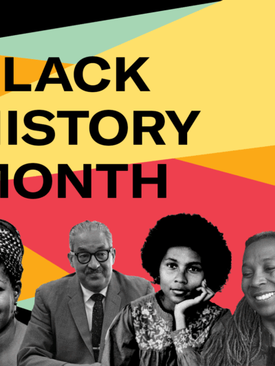 Black, bold text on top of color blocked background (red, green, yellow, and orange) with black and white images of Kimberlé Crenshaw, bell hooks, Thurgood Marshall, and Maya Angelou in the lower third of the graphic.