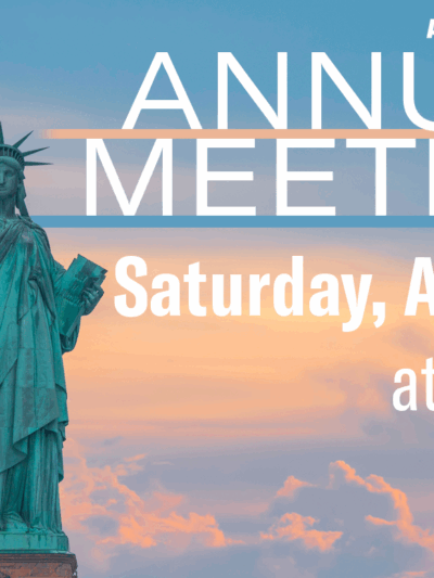 Statue of liberty in front of a sunrise with white text reading "ACLU of Minnesota: Annual Meeting on Saturday, April 22 at 9 a.m."