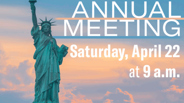Statue of liberty in front of a sunrise with white text reading "ACLU of Minnesota: Annual Meeting on Saturday, April 22 at 9 a.m."