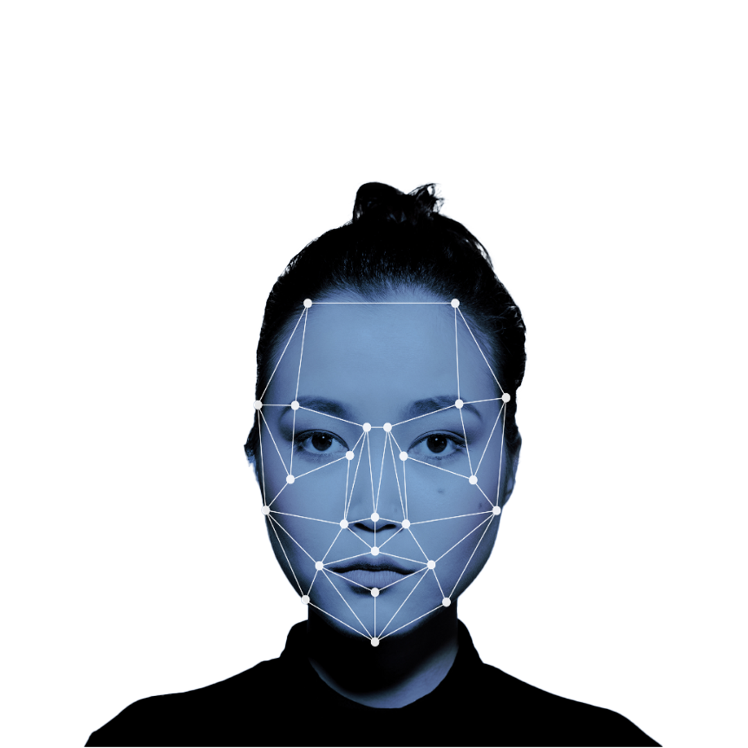 Photo with a blue filter of woman with hair in a top bun and black shirt. There are dots and lines on her face suggesting a facial scan.
