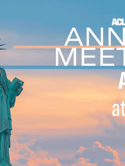 Image of Lady Liberty on the left with a sunset sky with clouds behind her and text on the right that reads, "ACLU of Minnesota annual meeting, April 13 at 9 a.m."