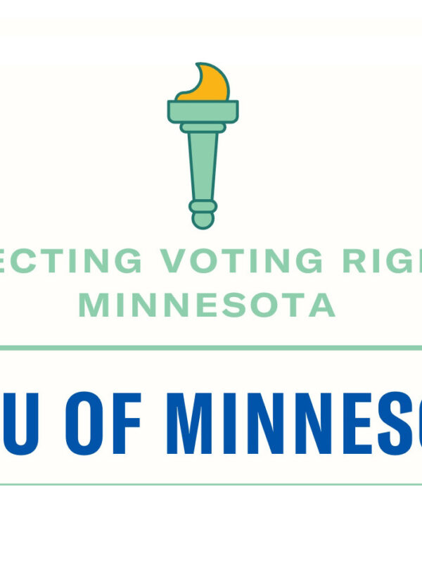 Green and blue text that says "protecting voting rights in Minnesota, ACLU of Minnesota." On the top is a simple graphic of a green torch with yellow fire.