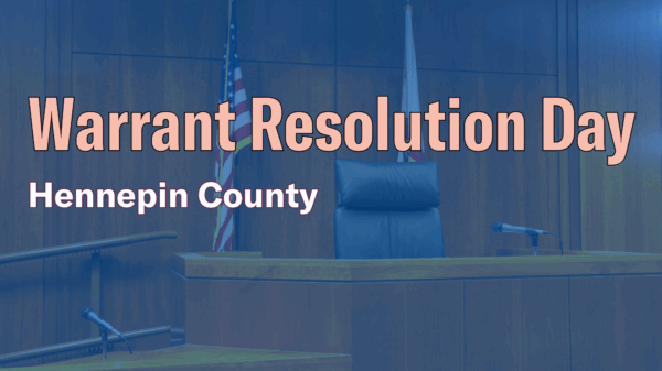 Photo of a courtroom with text that says "Warrant resolution day, Hennepin County."
