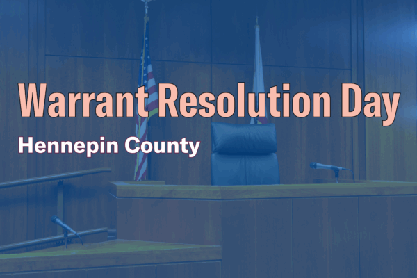 Photo of a courtroom with text that says "Warrant resolution day, Hennepin County."