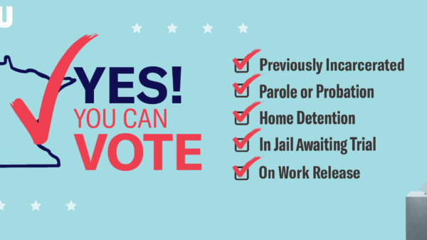 Image reading "Yes You Can Vote!" with an outline of Minnesota & a bold red check mark overlaid. Checked boxes read "Previously incarcerated, parole or probation, home detention, in jail awaiting trial, and on work release"
